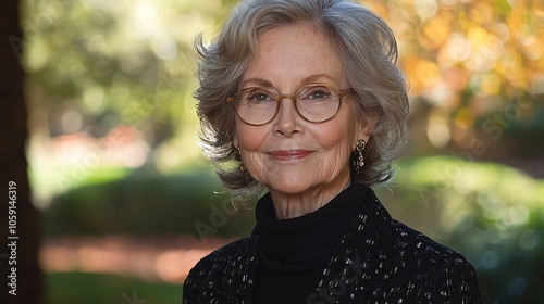 A warm, serene portrait of an elderly woman with silver hair and glasses, smiling gently against a softly blurred, green backdrop.