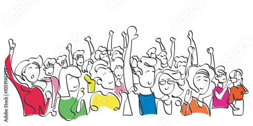 Hand draw line art vector of a group of happy excited students gathered together.