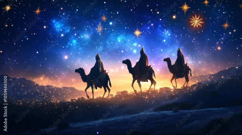 silhouette of the 3 wise men in the desert on their camels guided by a star silhouette of the 3 wise men in the desert on their camels guided by a star