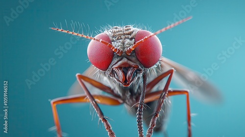 Close-up of a male fruit fly with striking red eyes and detailed features against a soft blue background.