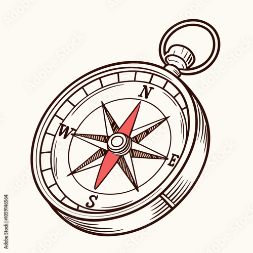 A hand-drawn illustration of a vintage compass, showcasing its intricate details. The compass needle points north, symbolizing direction and guidance. Perfect for nautical themed designs, maps.