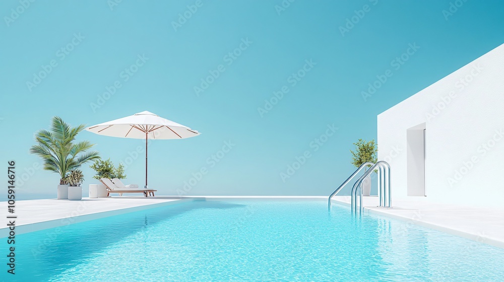 Fototapeta premium A Modern Minimalist White Pool Area in Spain: Sunlit Oasis with Umbrella and Ladder