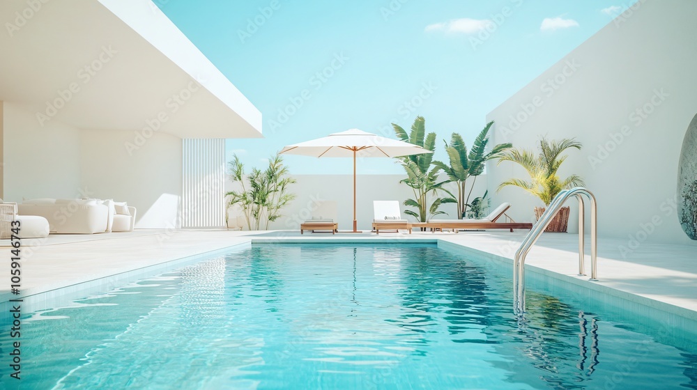 Fototapeta premium A Modern Minimalist White Pool Area in Spain: Sunlit Oasis with Umbrella and Ladder