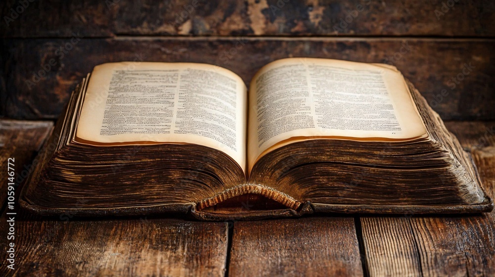 Fototapeta premium An opened antique book rests on a wooden surface, showcasing its aged pages filled with text, evoking a sense of history and knowledge.