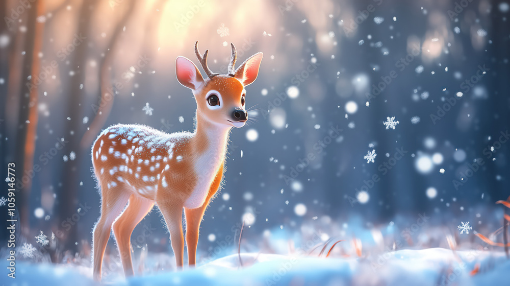 Cute winter deer in a snowy forest at dawn, surrounded by soft falling snowflakes. Magical holiday scene, perfect for Christmas cards, seasonal decorations, winter backgrounds and nature themes.