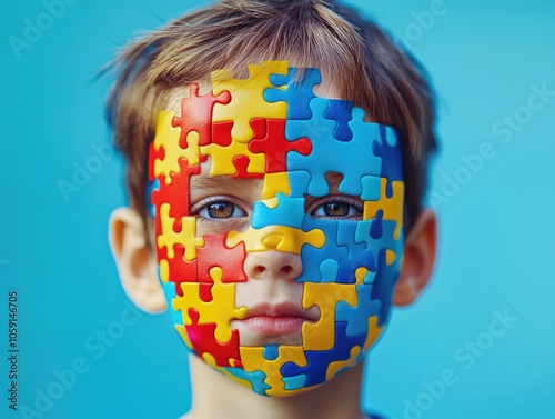 Portrait of young child with autism. Child's face painted with puzzle pieces symbolizing autism spectrum. photo