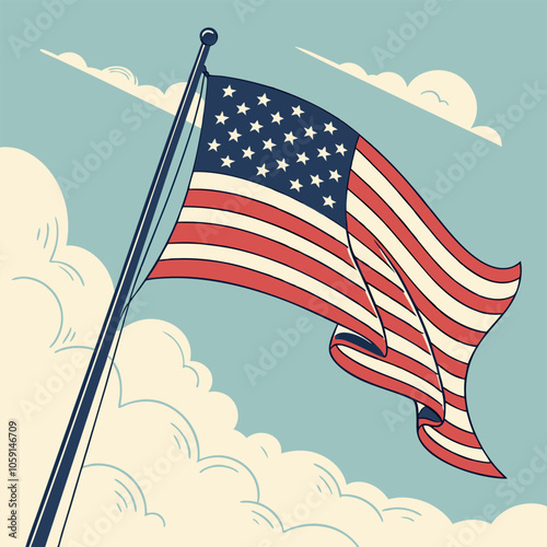 A classic illustration of the American flag waving proudly in the wind against a blue sky with fluffy white clouds, perfect for patriotic displays,  commemorations.