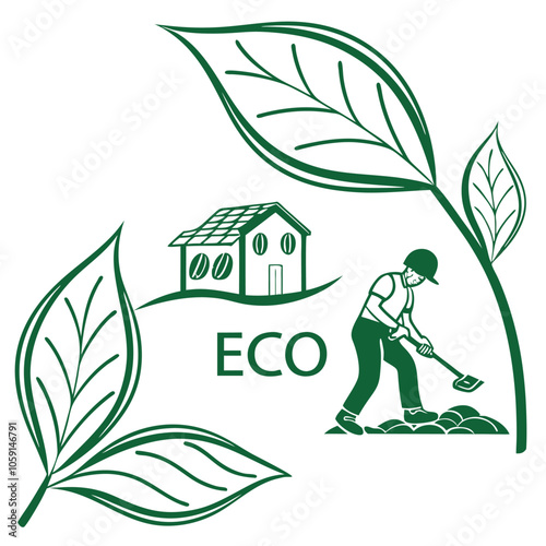 A simple illustration symbolizing eco-friendly living. Featuring a house, leaves, and a person digging, this vector design is ideal for promoting green initiatives, sustainability.