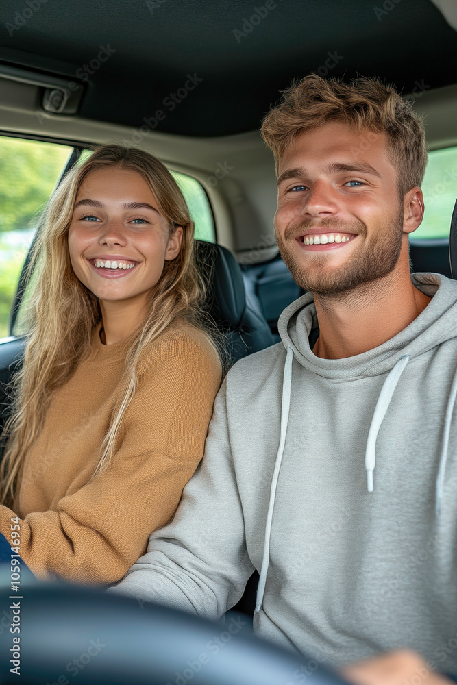 man and woman sitting in their comfortable auto, looking at road and cheerfully smiling man and woman sitting in their comfortable auto, looking at road and cheerfully smiling