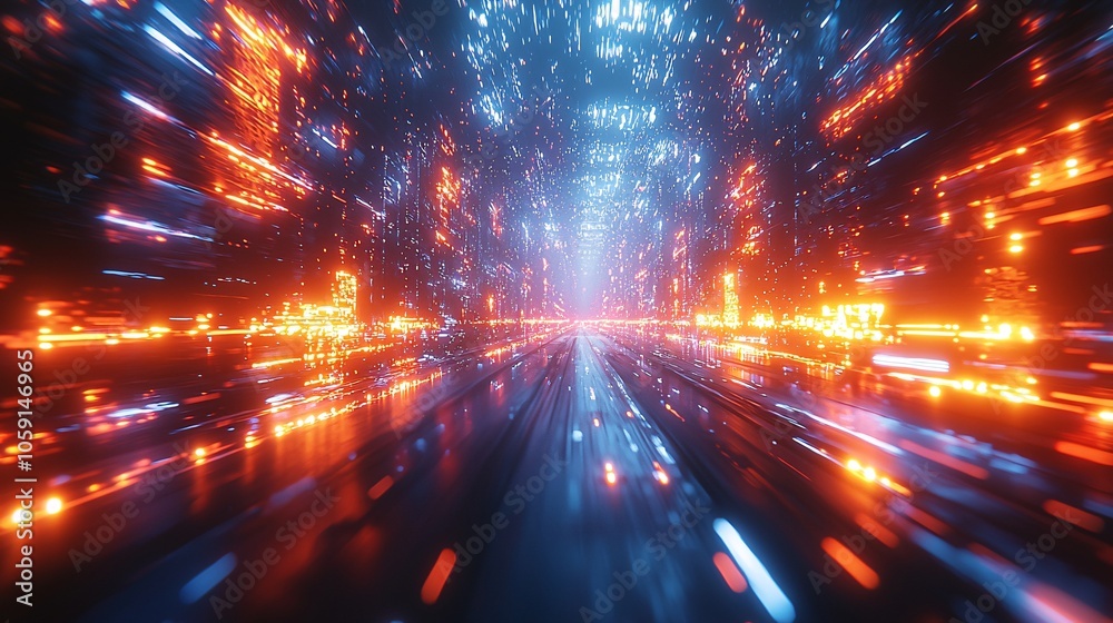 A dynamic scene of glowing lights and vibrant colors, creating a sense of speed and movement, reminiscent of a futuristic digital environment. A dynamic scene of glowing lights and vibrant colors, creating a sense of speed and movement, reminiscent of a futuristic digital environment.