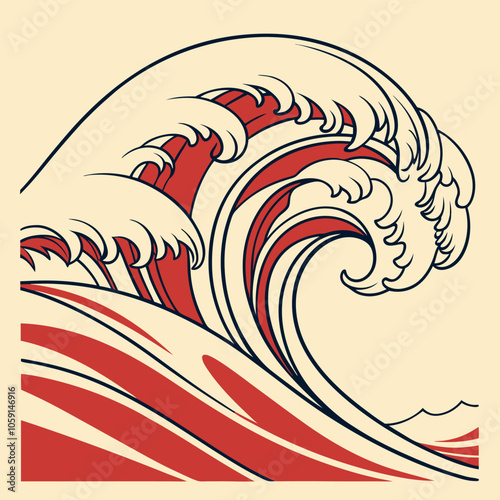 A striking graphic illustration of a stylized wave in classic Japanese art style. The wave's bold lines and vibrant colors create a dynamic and powerful design. photo