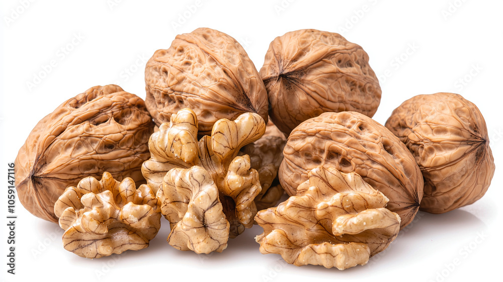 Handful of organic, fresh, natural cracked Walnuts closeup on white background healthy snacks, organic foods, tasty, fresh produce, dried fruit Handful of organic, fresh, natural cracked Walnuts closeup on white background healthy snacks, organic foods, tasty, fresh produce, dried fruit