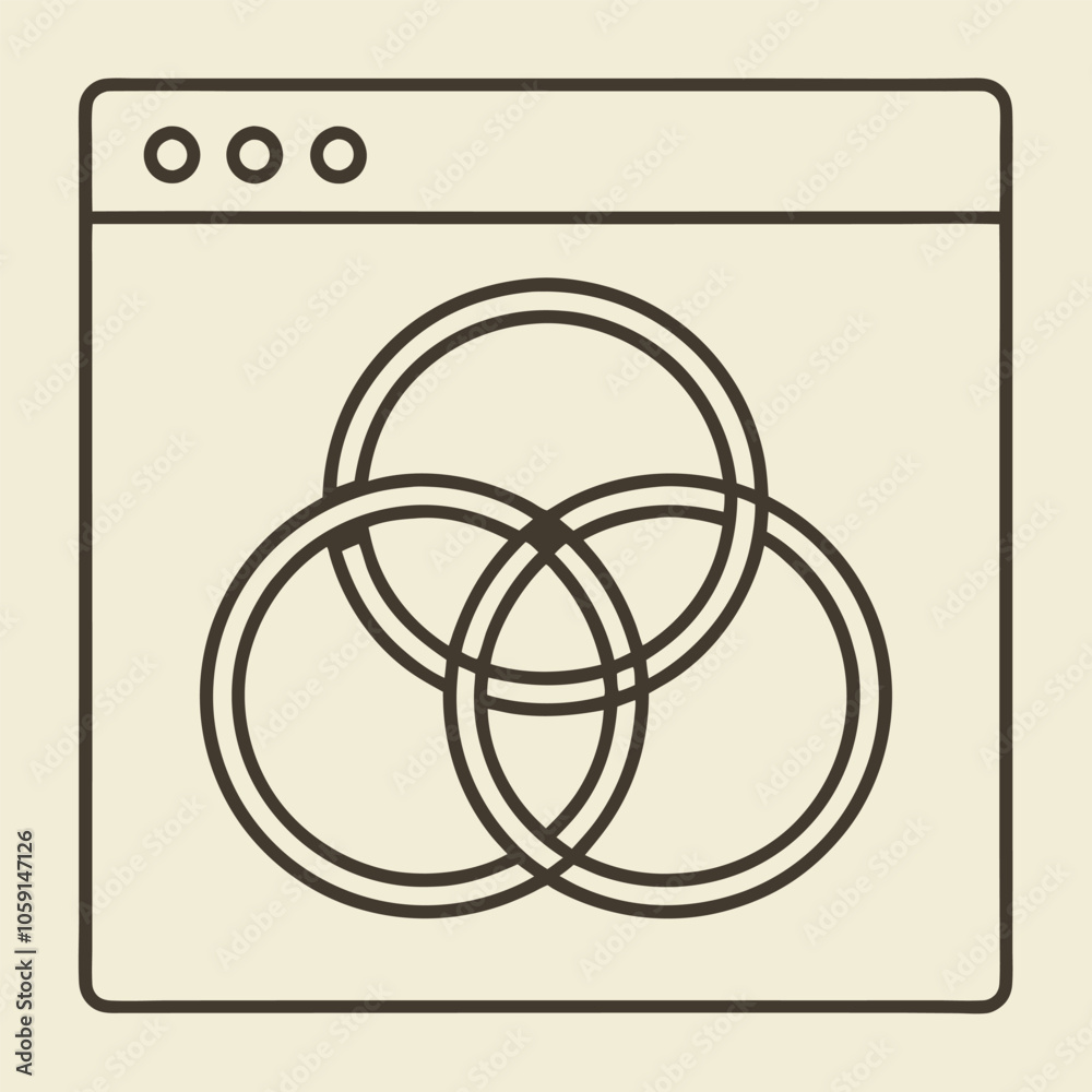 A simple yet powerful illustration representing a web browser window with three overlapping circles symbolizing connection, unity, or collaboration, ideal for technology, web development. A simple yet powerful illustration representing a web browser window with three overlapping circles symbolizing connection, unity, or collaboration, ideal for technology, web development.