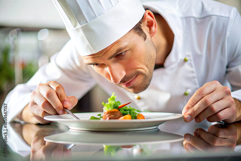 Close-up of a chef plating a dish with precision. Close-up of a chef plating a dish with precision.