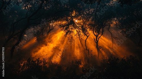 A serene forest scene illuminated by warm rays of sunlight piercing through the dark trees, creating a magical and tranquil atmosphere.