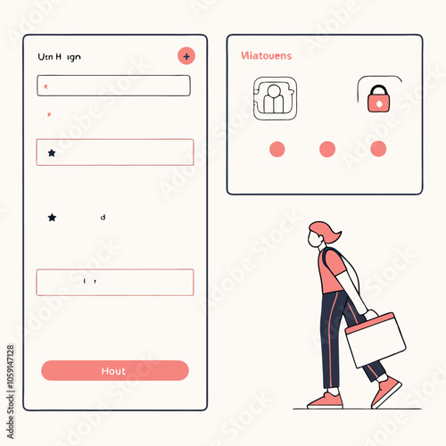 Illustration of a woman walking towards a phone screen with a password input, highlighting the concept of user authentication and secure login in a digital world.