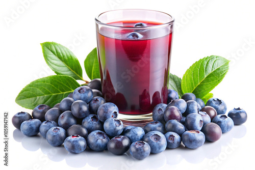 Fresh blueberries and leaves with juice, isolated on white background