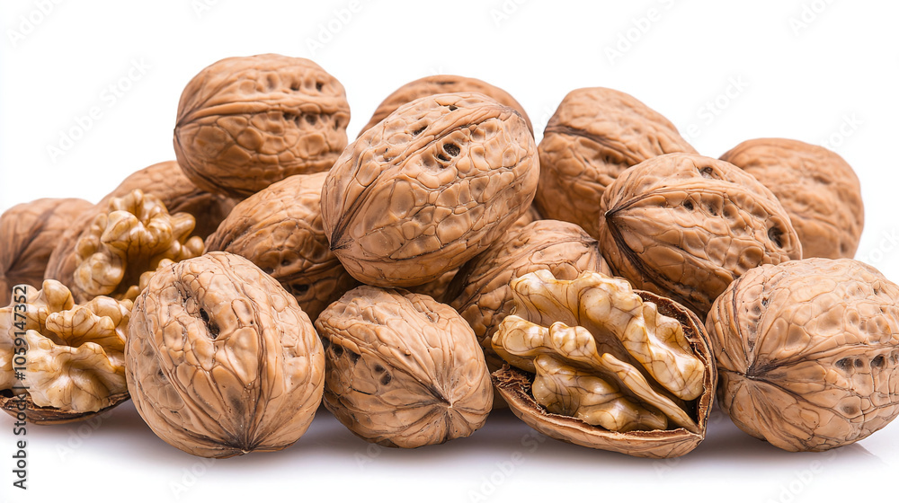 Handful of organic, fresh, natural cracked Walnuts closeup on white background healthy snacks, organic foods, tasty, fresh produce, dried fruit Handful of organic, fresh, natural cracked Walnuts closeup on white background healthy snacks, organic foods, tasty, fresh produce, dried fruit