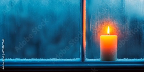 A serene candlelit scene embracing tranquility through the soft glow of a flickering flame on a frosted windowpane photo