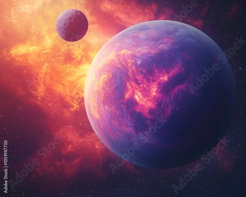 Cosmic Symmetry Vibrant Planet and Mirrored Moon in Swirling Interstellar Atmosphere