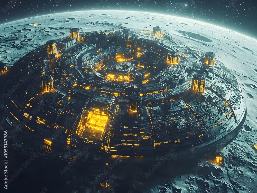 Futuristic Space Station Orbiting Glowing Lunar Cities Symbolizing Humanity s Cosmic Expansion Futuristic Space Station Orbiting Glowing Lunar Cities Symbolizing Humanity s Cosmic Expansion