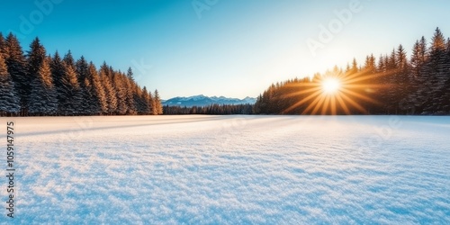 Obraz na płótnie A stunning winter sunrise over a snow-covered landscape surrounded by majestic pine trees and mountains in the distance w salonie