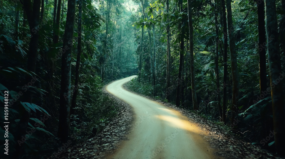 Fototapeta premium Curved dirt road winding through a lush, green tropical forest with dense foliage and tall trees under soft, diffused daylight.