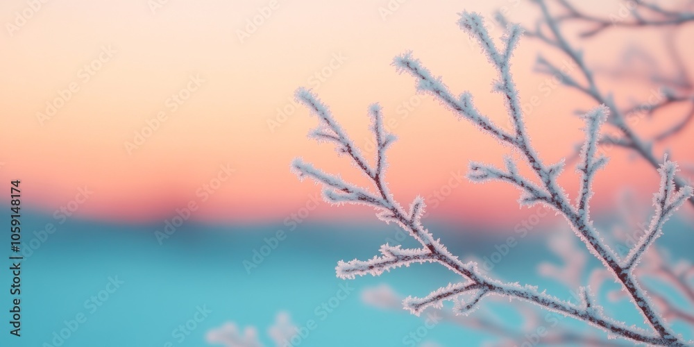 Obraz premium Frost-covered branches against a beautiful winter sunrise nature's serene artwork in the chill of early morning