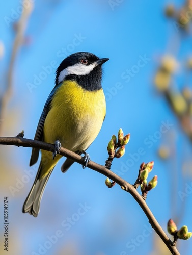 This is an image of a vibrant yellow and black bird perched on a branch with green budding leaves, suggesting it's spring or early summer.