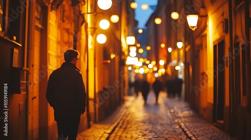 Silhouette of a Man Walking Down a Street at Night Smooth Blue Background with Copy Space for Advertisements