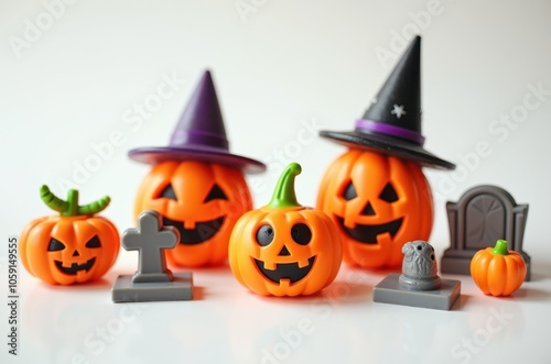 Halloween holiday toy pumpkins, toy caps, toy graves, toy candles, photo