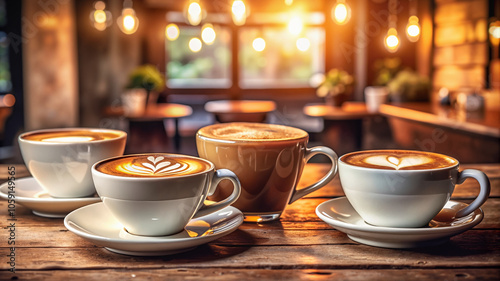 Four lattes with latte art in cozy coffee shop setting