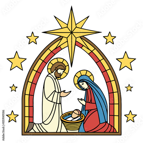 Nativity Scene Stained Glass Style: A vibrant and stylized depiction of the Nativity scene, featuring Mary, Joseph, and the baby Jesus, surrounded by stars, in a classic stained glass style.