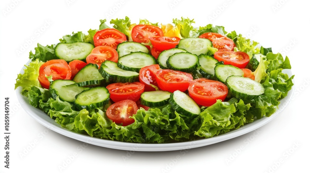Plate of colorful vegan salad with tomatoes, cucumbers, and greens, on a white background, emphasizing freshness and nutrition Plate of colorful vegan salad with tomatoes, cucumbers, and greens, on a white background, emphasizing freshness and nutrition