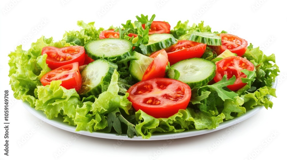 Plate of colorful vegan salad with tomatoes, cucumbers, and greens, on a white background, emphasizing freshness and nutrition Plate of colorful vegan salad with tomatoes, cucumbers, and greens, on a white background, emphasizing freshness and nutrition