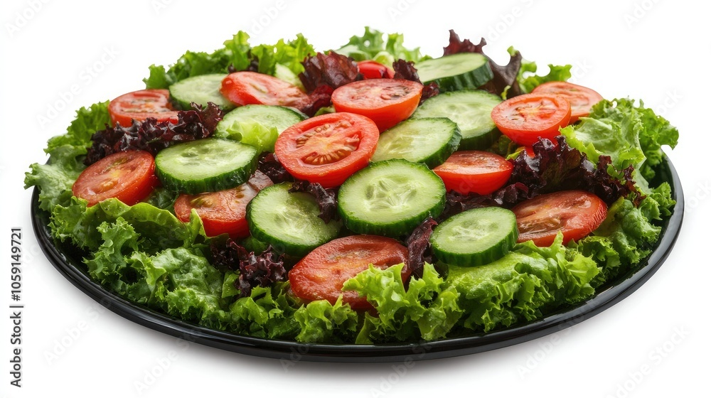 Plate of colorful vegan salad with tomatoes, cucumbers, and greens, on a white background, emphasizing freshness and nutrition Plate of colorful vegan salad with tomatoes, cucumbers, and greens, on a white background, emphasizing freshness and nutrition