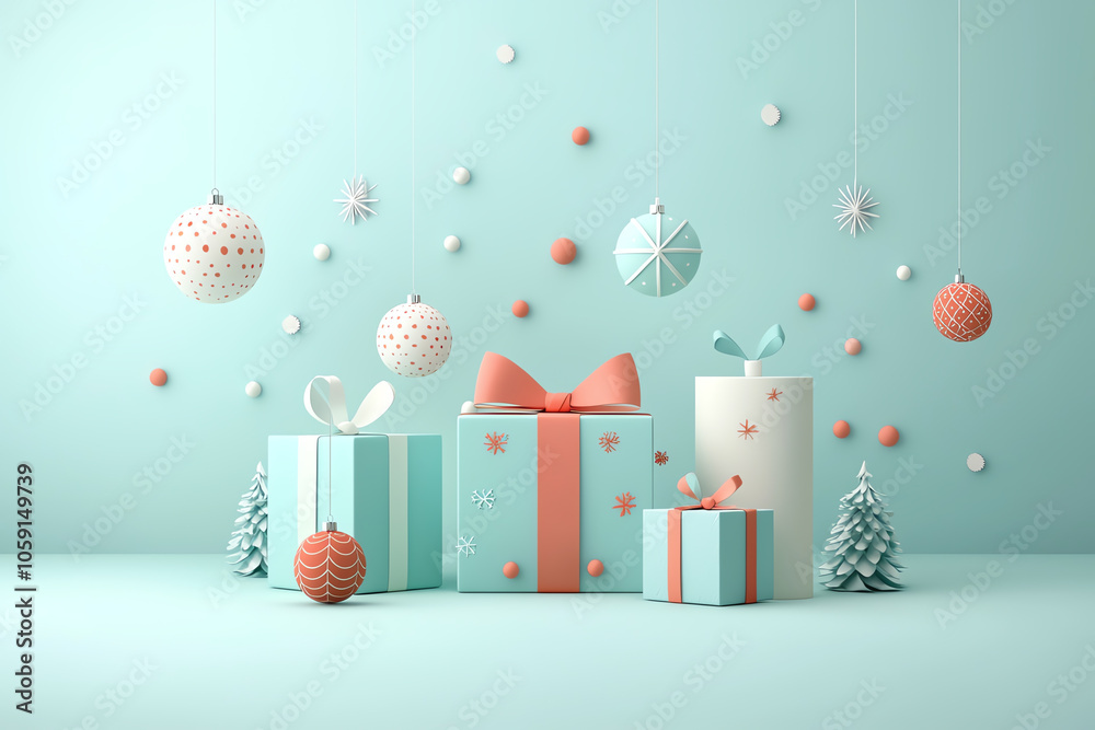 Mini gift boxes with holiday ornaments, winter vibes, 3D illustration Mini gift boxes with holiday ornaments, winter vibes, 3D illustration