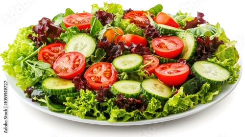 Plate of colorful vegan salad with tomatoes, cucumbers, and greens, on a white background, emphasizing freshness and nutrition