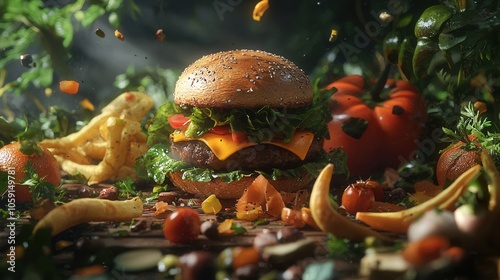 Wallpaper Mural A delicious cheeseburger topped with fresh vegetables, surrounded by colorful ingredients, creating a vibrant culinary scene. Torontodigital.ca