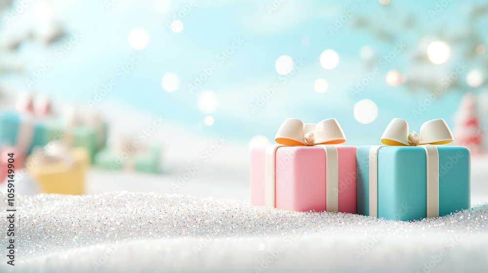 Tiny gifts with sparkling decorations, winter scene, 3D illustration Tiny gifts with sparkling decorations, winter scene, 3D illustration