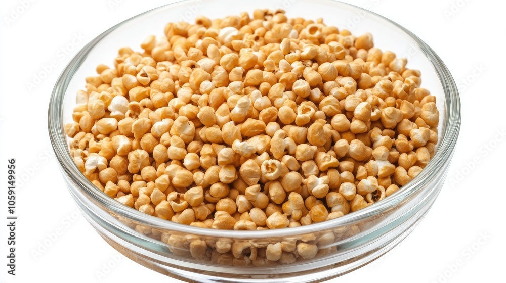 Popcorn kernels in a glass bowl, isolated on a white background, perfect for a snack-time or movie night concept Popcorn kernels in a glass bowl, isolated on a white background, perfect for a snack-time or movie night concept