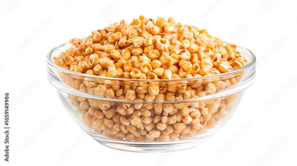 Popcorn kernels in a glass bowl, isolated on a white background, perfect for a snack-time or movie night concept