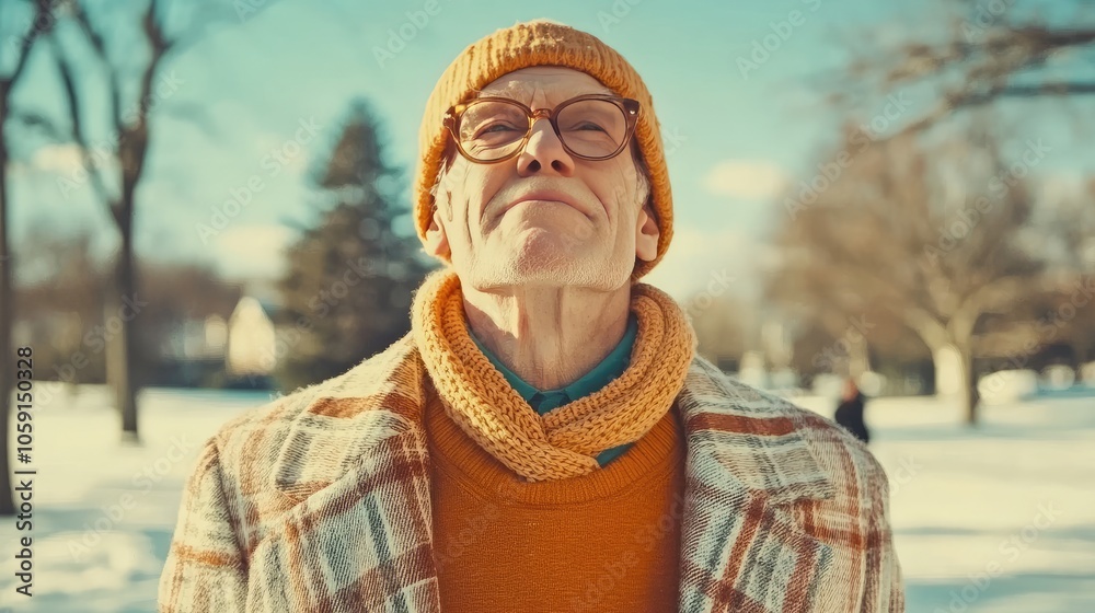 Elderly Man Enjoying Sun with Warm Clothing in Snowy Park During Winter Elderly Man Enjoying Sun with Warm Clothing in Snowy Park During Winter