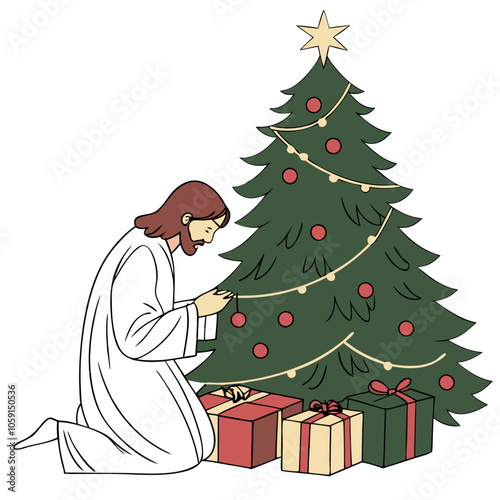 Jesus Decorating Christmas Tree 