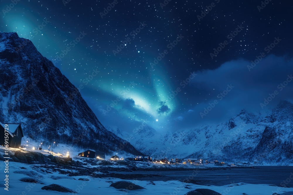 Beautiful aurora lights up the night sky over a picturesque village on the shore of a fjord. A winter holiday destination with traditional wooden cabins. Beautiful aurora lights up the night sky over a picturesque village on the shore of a fjord. A winter holiday destination with traditional wooden cabins.