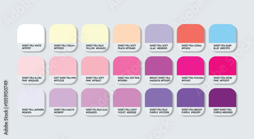 Sweet Pea Color Palette, Sweet Pea Flower Color Guide Palette with Color Names. Catalog Samples of SweetPea RGB HEX codes. natural Sweet Pea flower variations, Fashion Trend Sweet Pea Color Palette