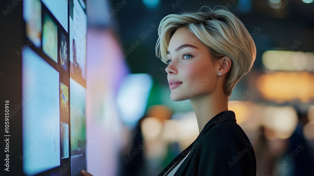 Obraz premium Candid photo of a woman interacting with exhibitors at a trade show, her focus on a display booth, lively energy in the background