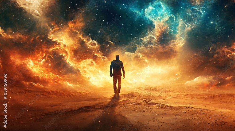 A man walking in the sand following God. Religious theme concept 