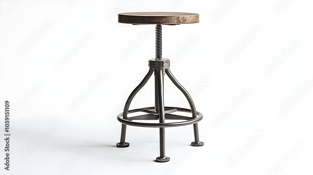 Sleek Industrial Style Circular Wooden Seat Metal Stool on White Background Sleek Industrial Style Circular Wooden Seat Metal Stool on White Background