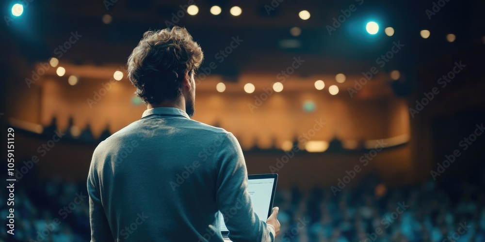 Obraz premium Man on stage, lecturing to audience in large hall.